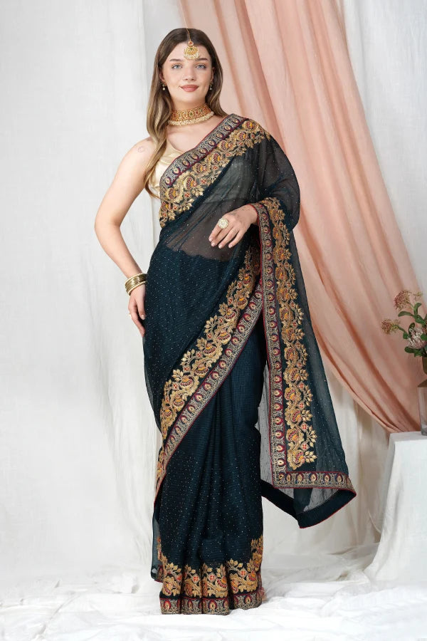 "Lightweight Fold Chiffon Saree for Festive Occasions" -SAREE D17-Green