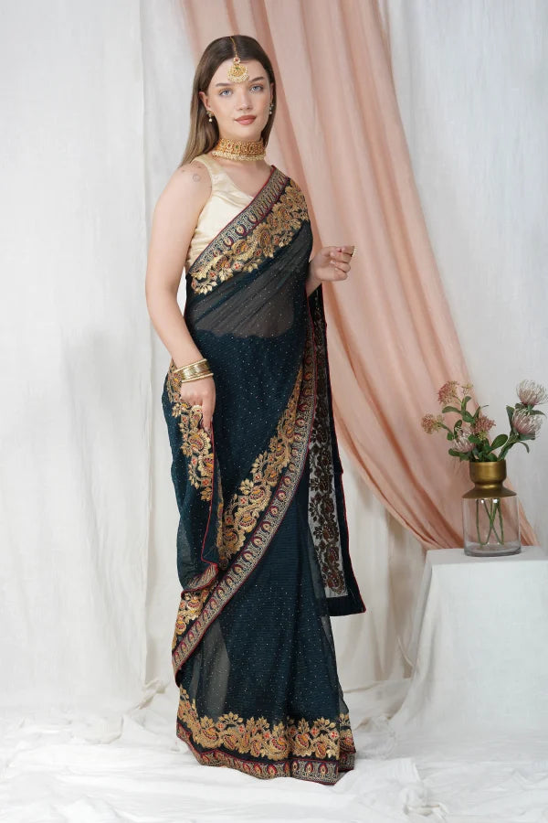 "Lightweight Fold Chiffon Saree for Festive Occasions" -SAREE D17-Green