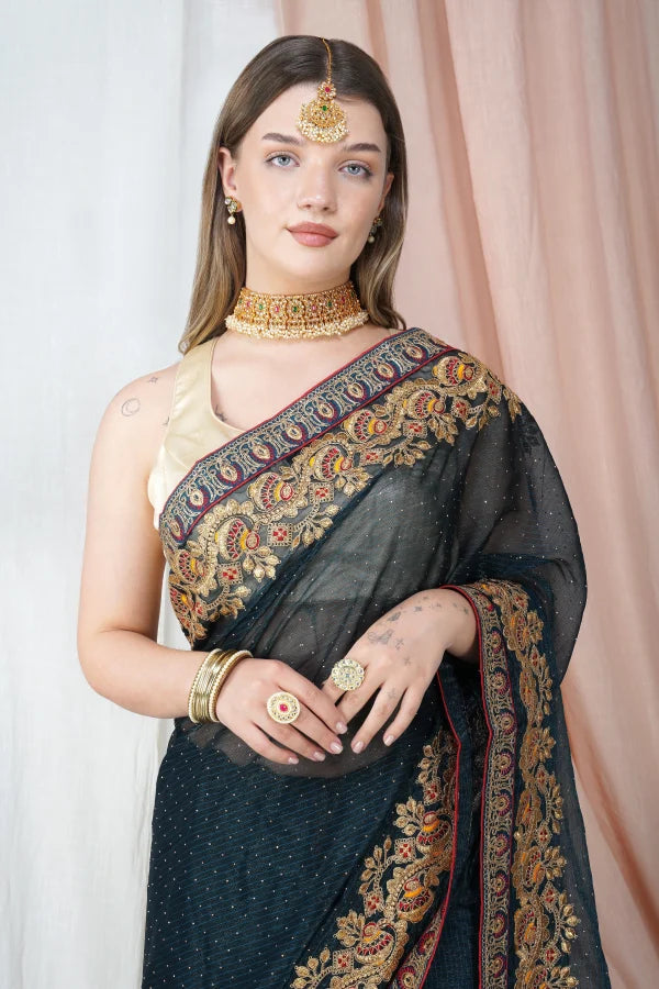 "Lightweight Fold Chiffon Saree for Festive Occasions" -SAREE D17-Green