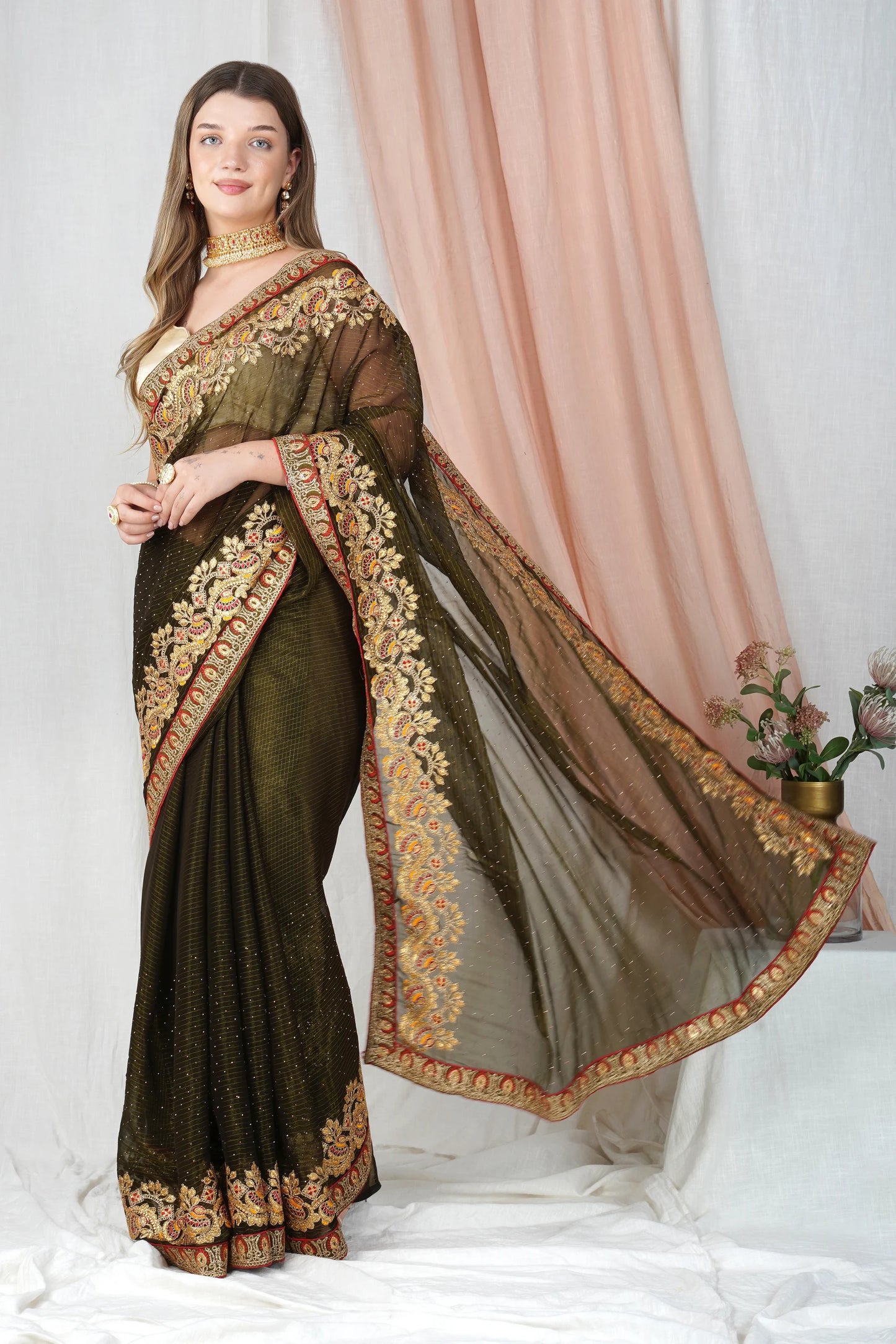 "Lightweight Fold Chiffon Saree for Festive Occasions" -SAREED17(Mehandi-Green)