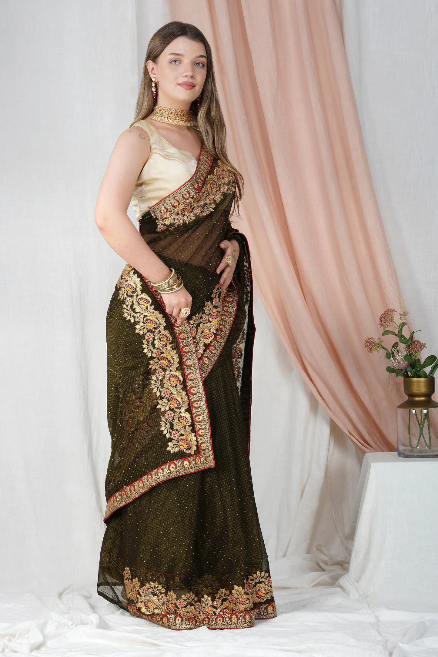 "Lightweight Fold Chiffon Saree for Festive Occasions" -SAREED17(Mehandi-Green)