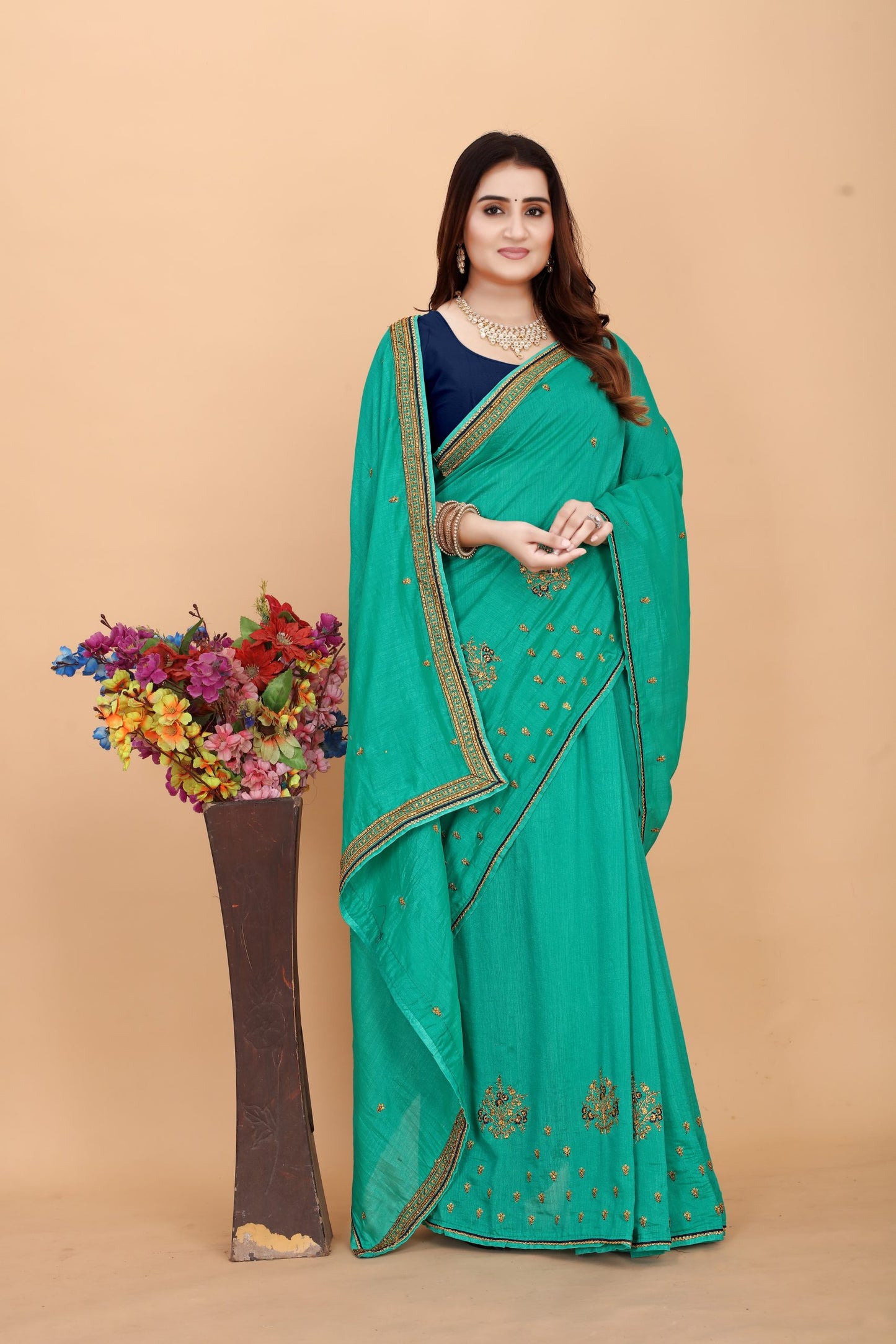 Embroider: Tussar Silk Sarees Sarees for Every Occasion For Women's D22(Sea Green)