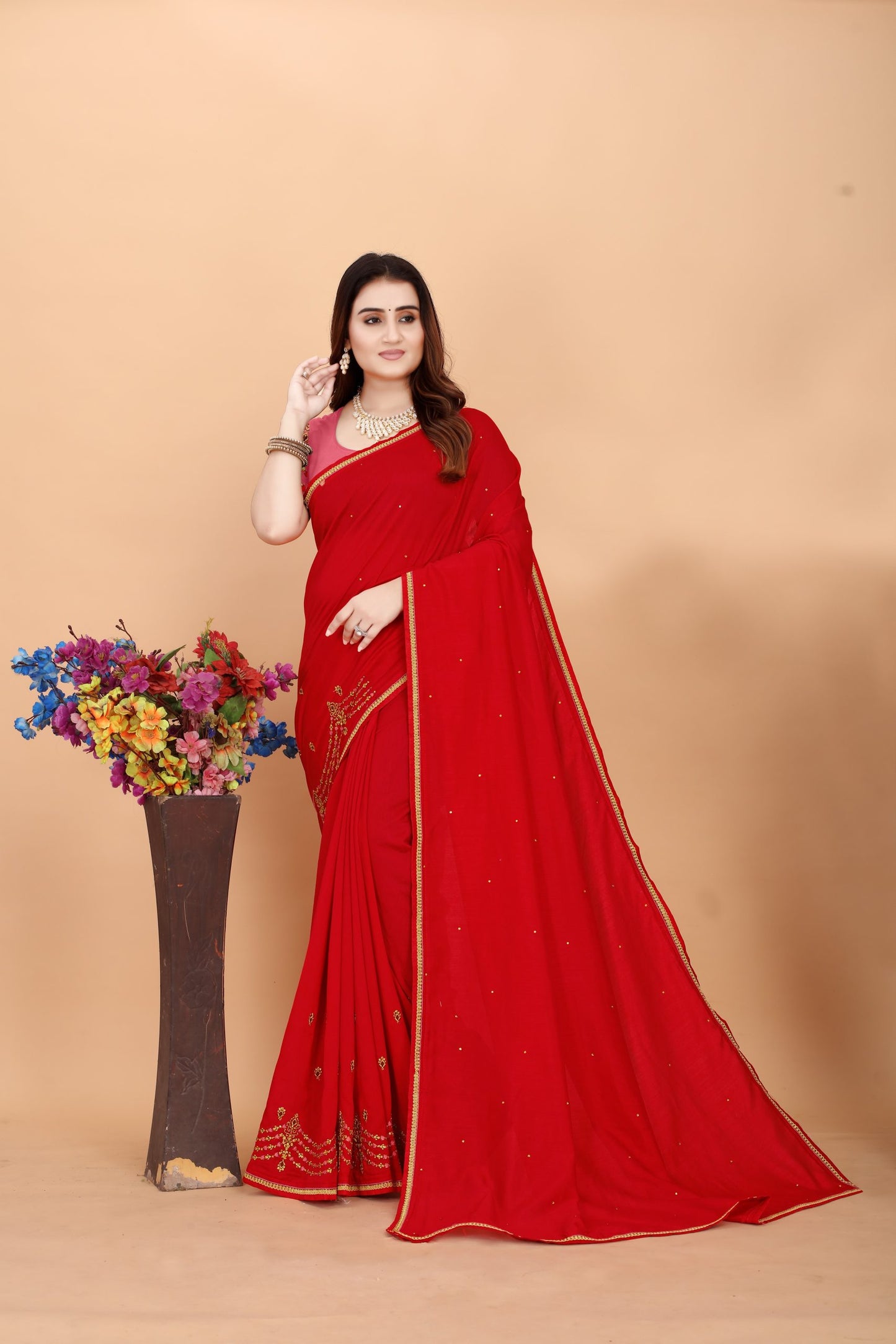 Embroider: Tussar Silk Sarees Sarees for Every Occasion For Women's D22(Red & Pink )