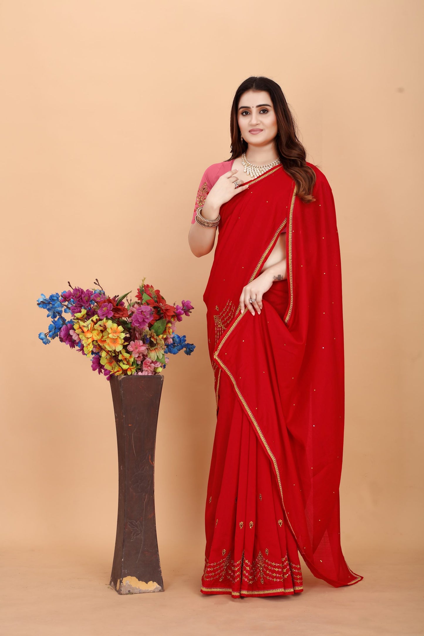 Embroider: Tussar Silk Sarees Sarees for Every Occasion For Women's D22(Red & Pink )