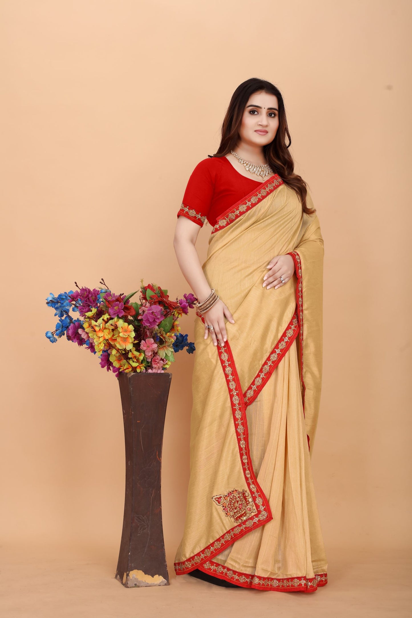 Embroider: Tussar Silk Sarees Sarees for Every Occasion For Women's D22(Gold & Red)