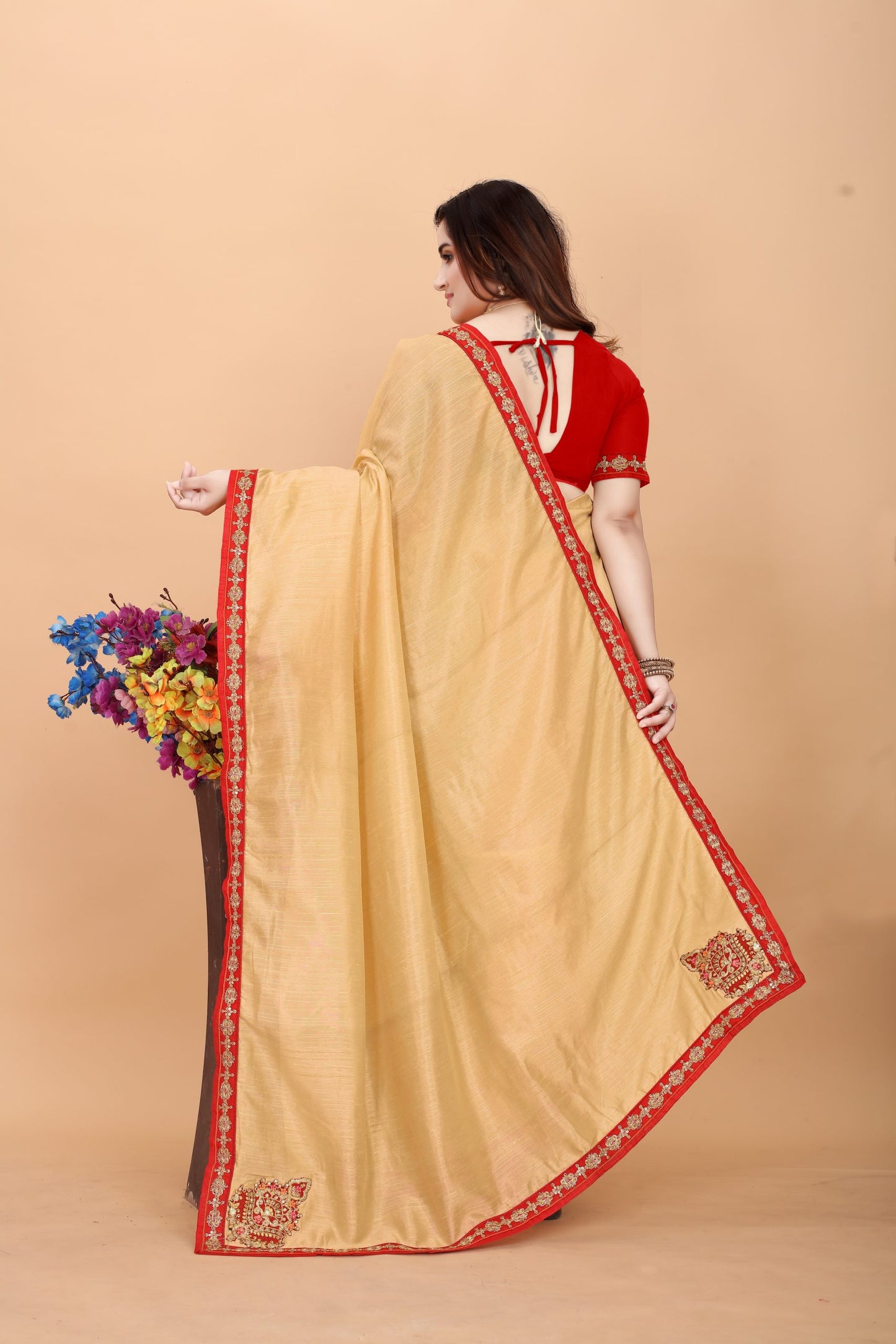 Embroider: Tussar Silk Sarees Sarees for Every Occasion For Women's D22(Gold & Red)