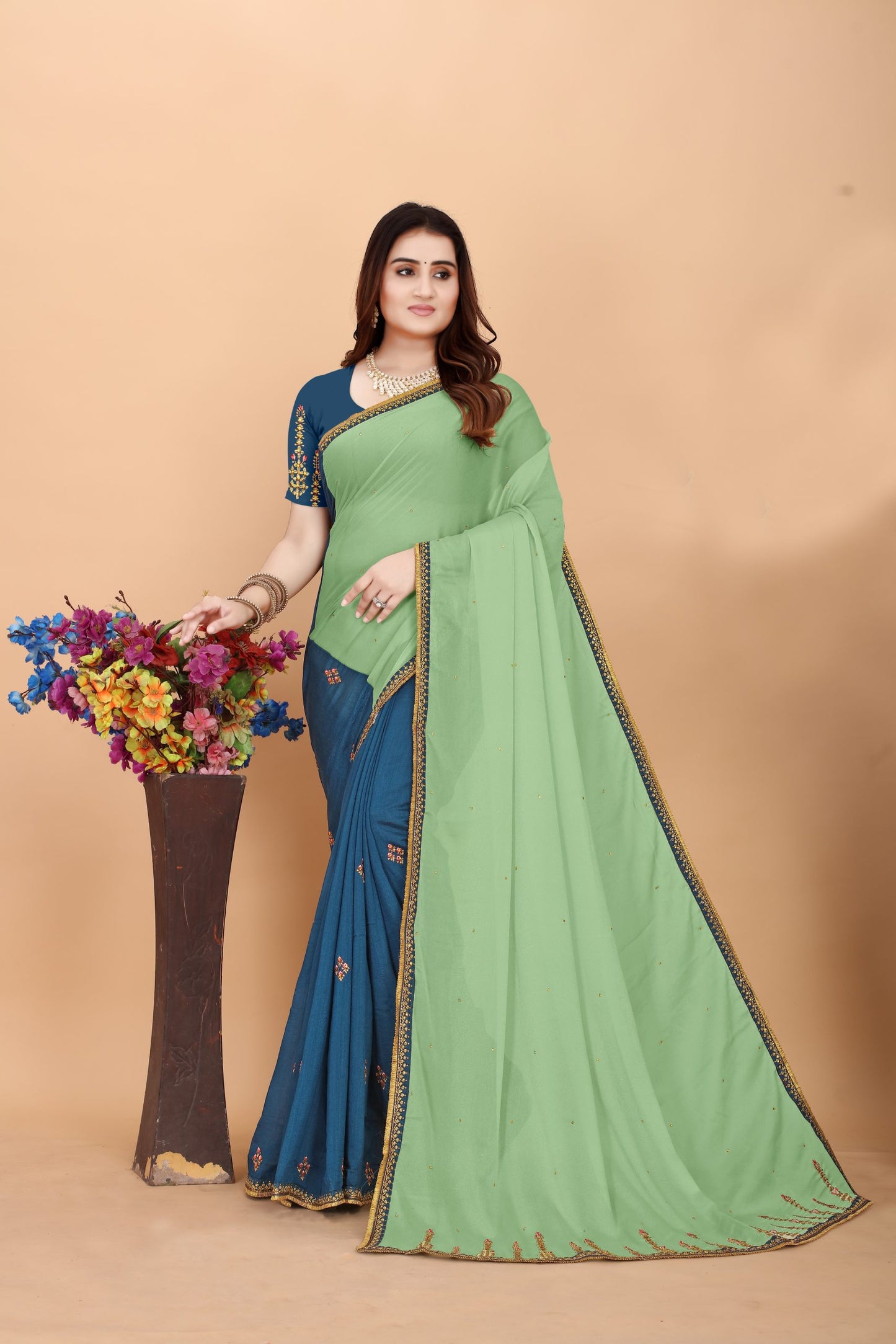Embroider: Tussar Silk Sarees Sarees for Every Occasion For Women's D22(Royal Blue & Green)