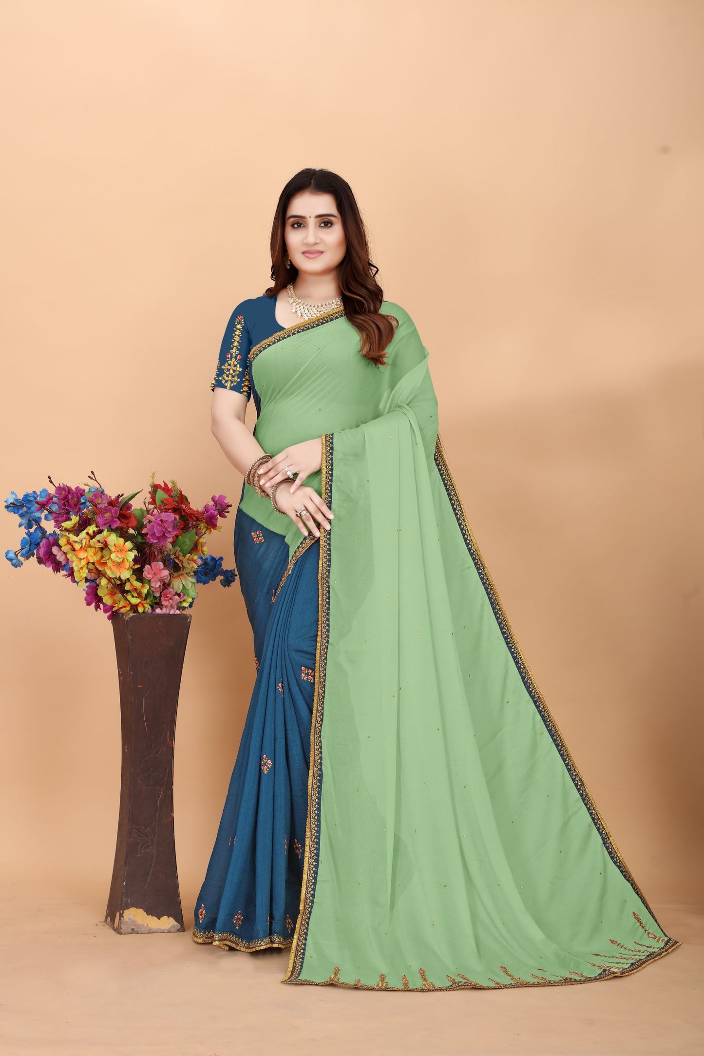 Embroider: Tussar Silk Sarees Sarees for Every Occasion For Women's D22(Royal Blue & Green)