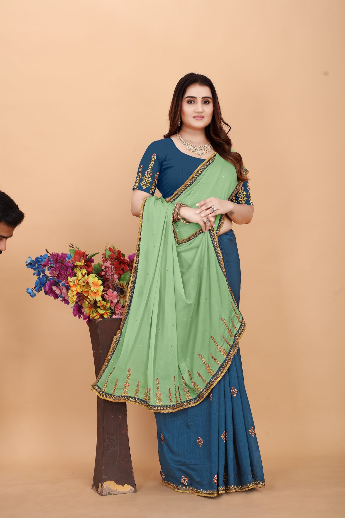 Embroider: Tussar Silk Sarees Sarees for Every Occasion For Women's D22(Royal Blue & Green)