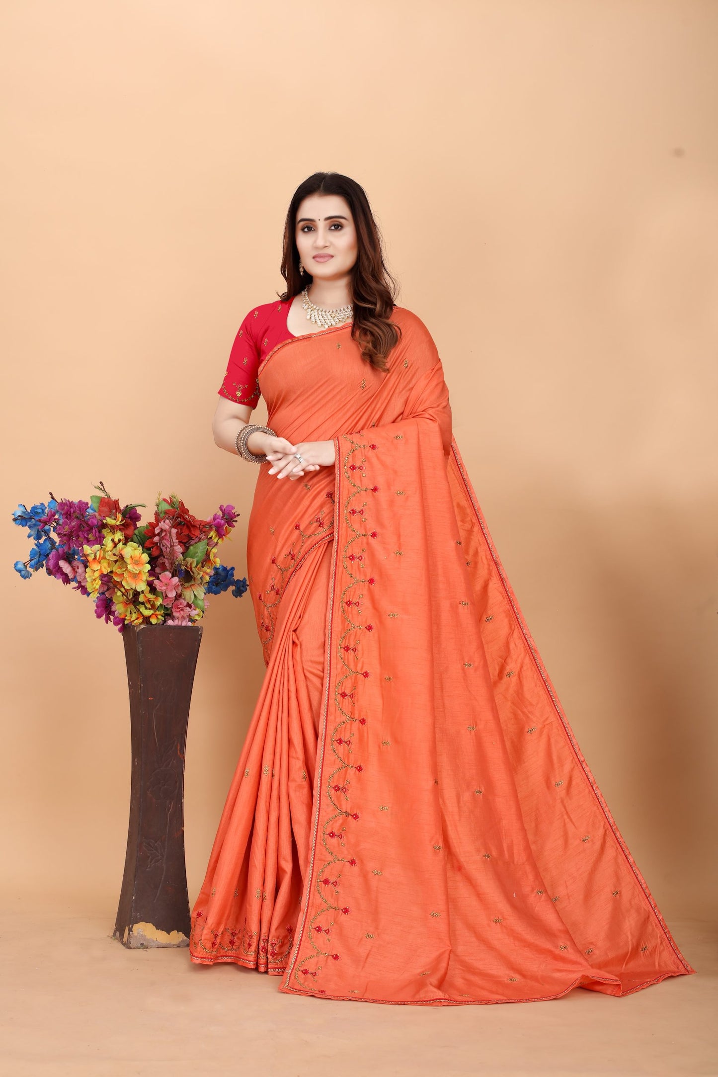 Embroider: Tussar Silk Sarees Sarees for Every Occasion For Women's D22(Orange & Pink)