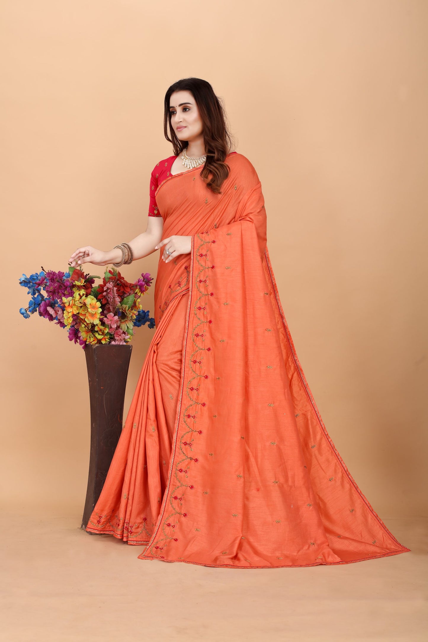 Embroider: Tussar Silk Sarees Sarees for Every Occasion For Women's D22(Orange & Pink)