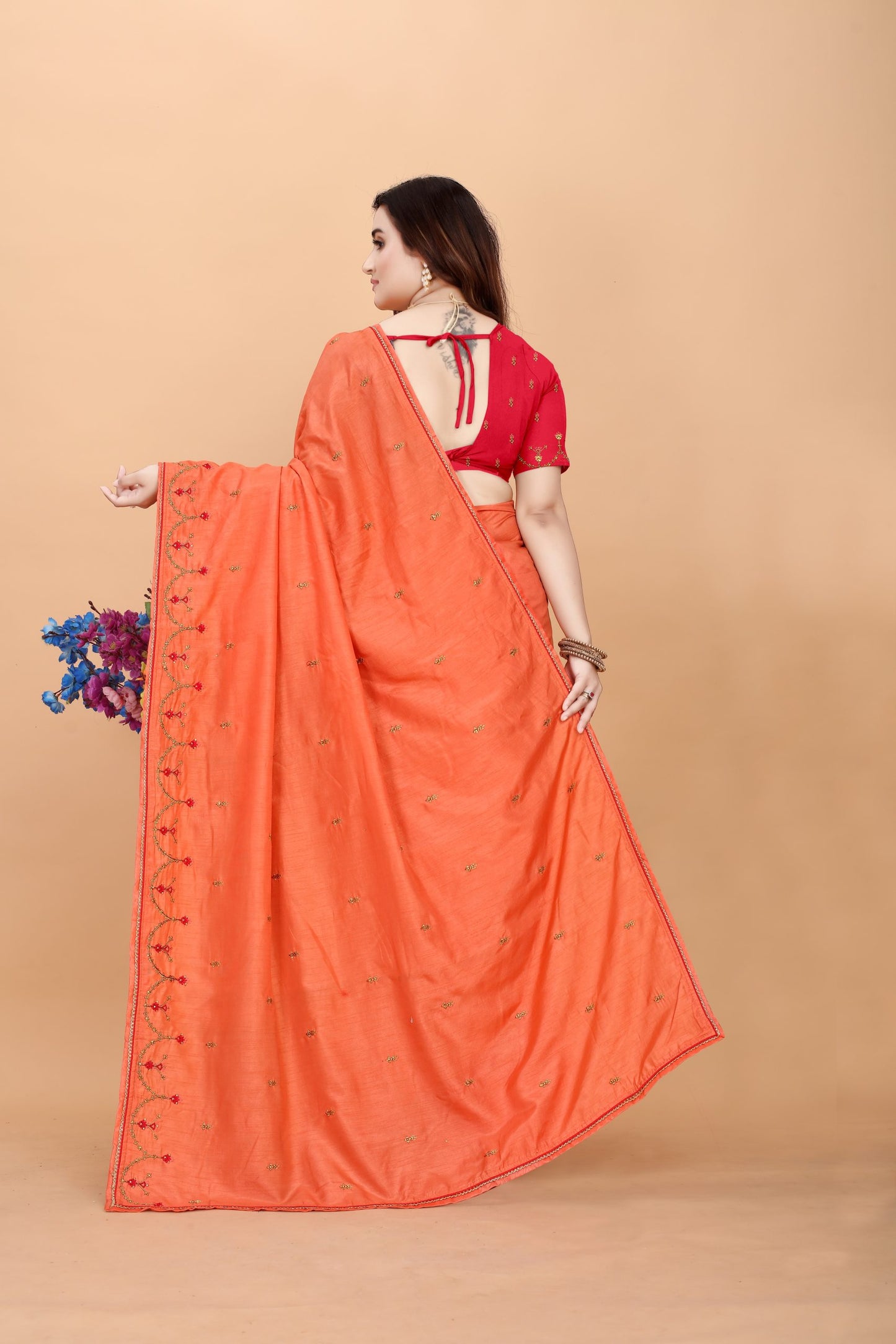 Embroider: Tussar Silk Sarees Sarees for Every Occasion For Women's D22(Orange & Pink)