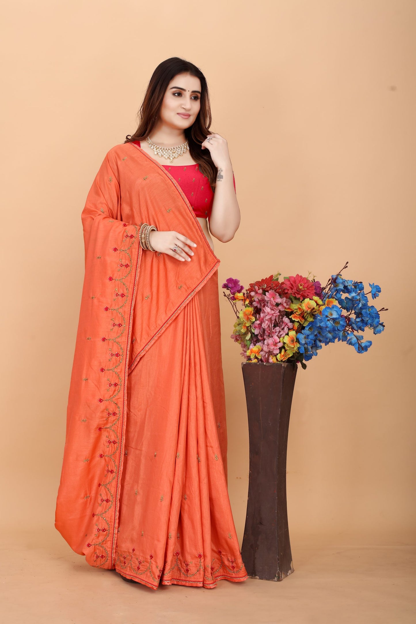 Embroider: Tussar Silk Sarees Sarees for Every Occasion For Women's D22(Orange & Pink)