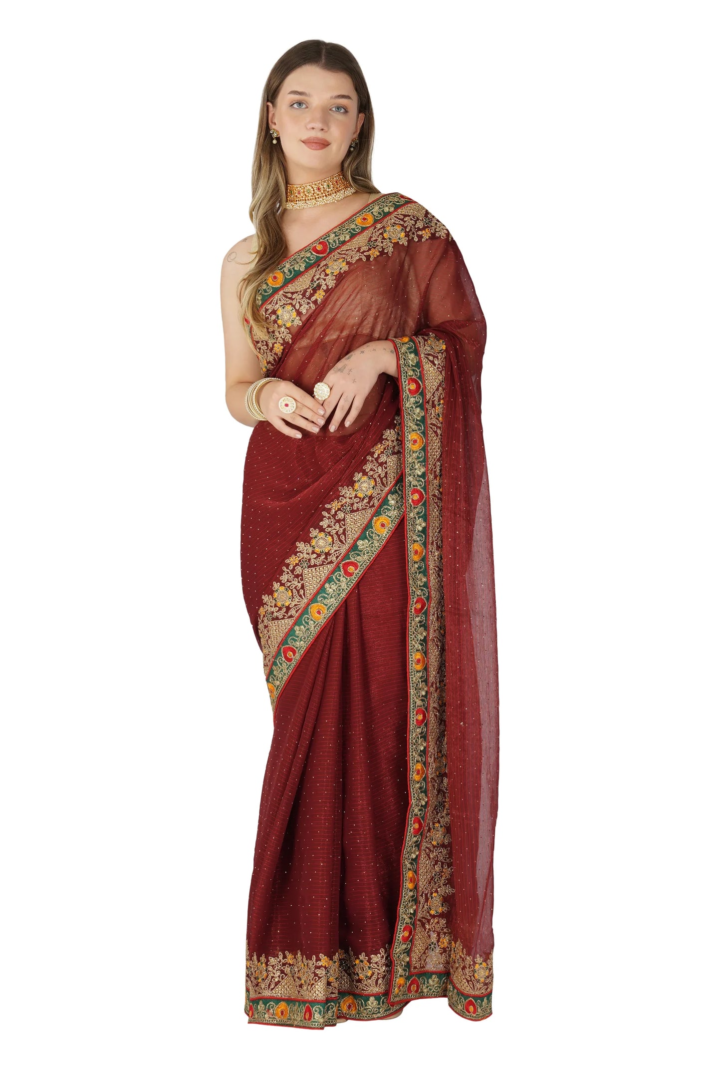 "Lightweight Fold Chiffon Saree for Festive Occasions"-SAREE D18(Purple)