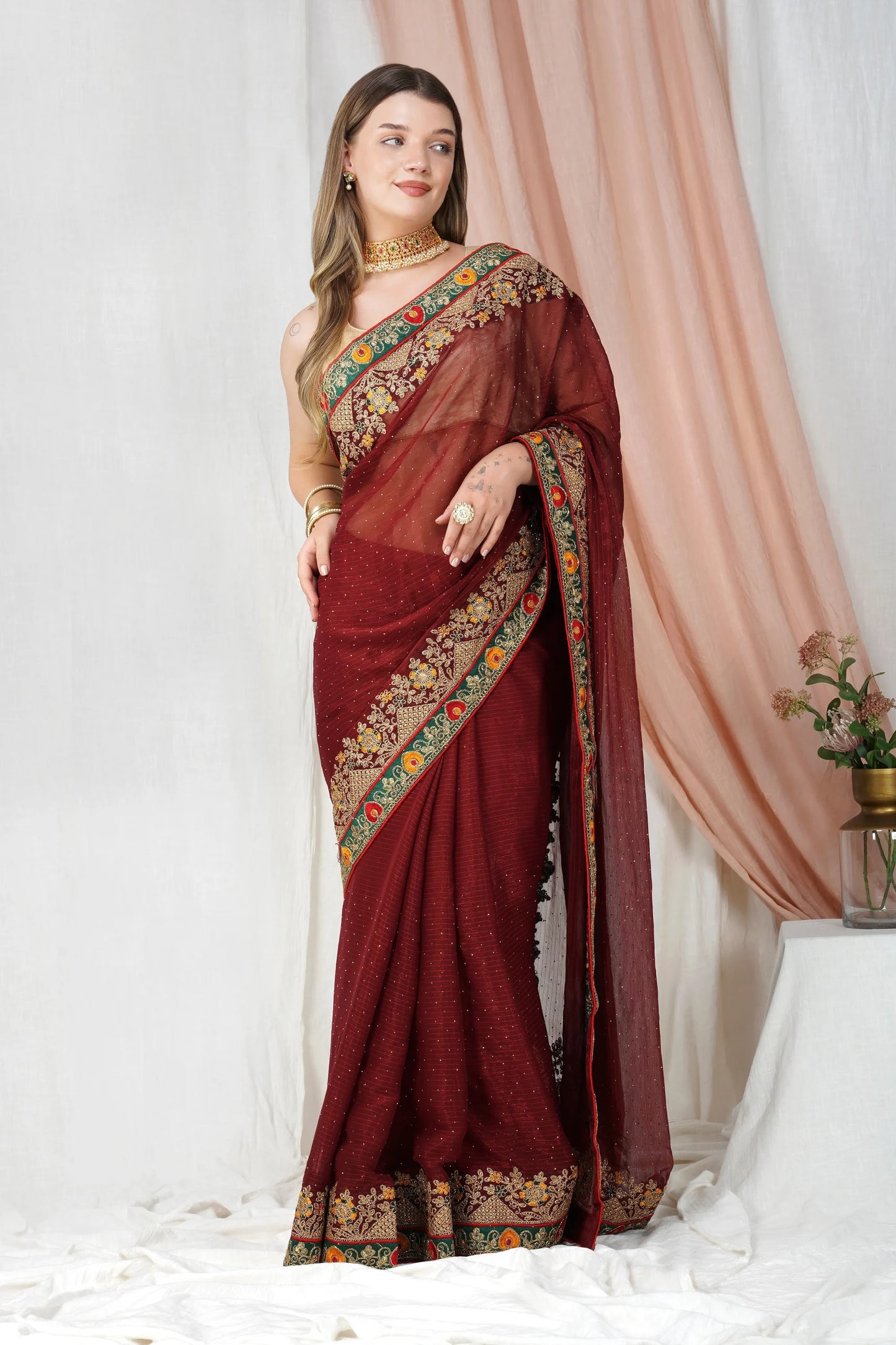 "Lightweight Fold Chiffon Saree for Festive Occasions"-SAREE D18(Purple)