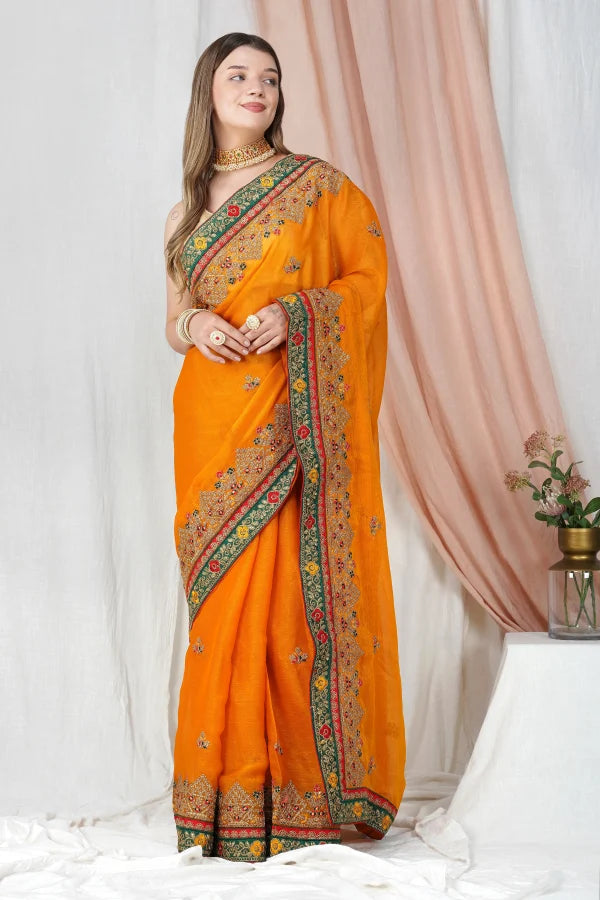 "Lightweight Fold Chiffon Saree for Festive Occasions" -SAREE D18(Yellow)