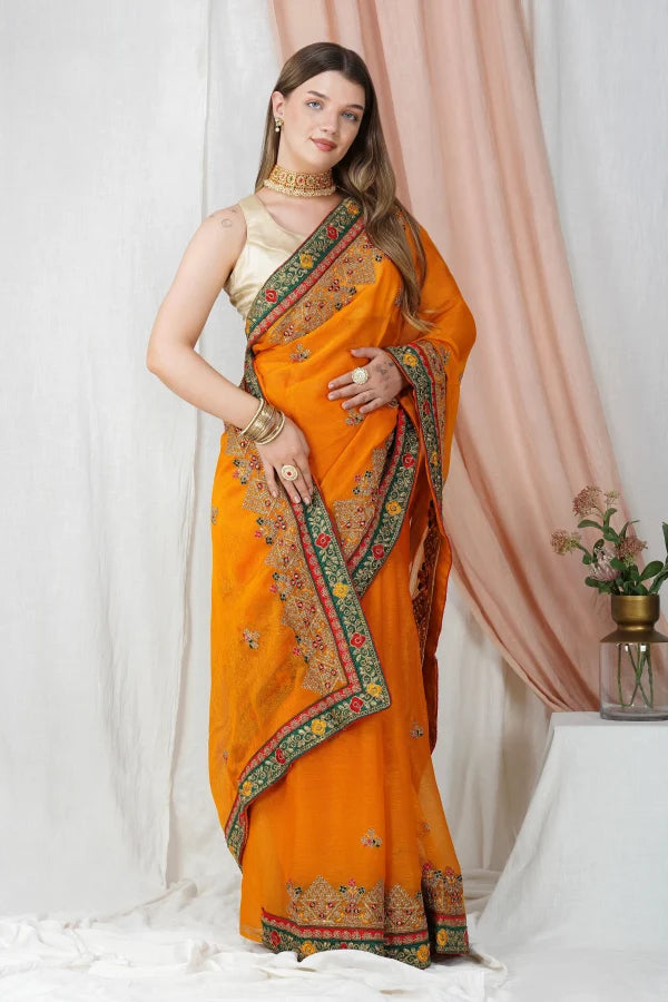 "Lightweight Fold Chiffon Saree for Festive Occasions" -SAREE D18(Yellow)