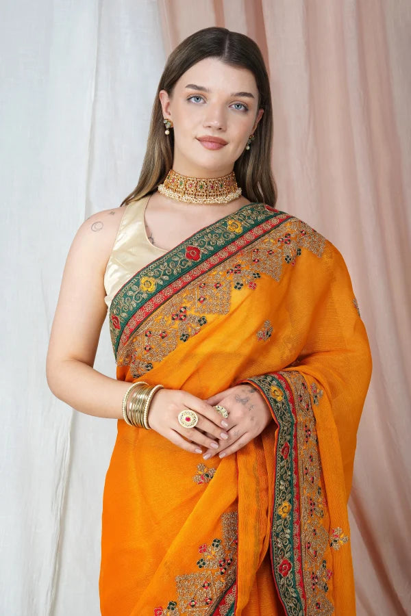 "Lightweight Fold Chiffon Saree for Festive Occasions" -SAREE D18(Yellow)