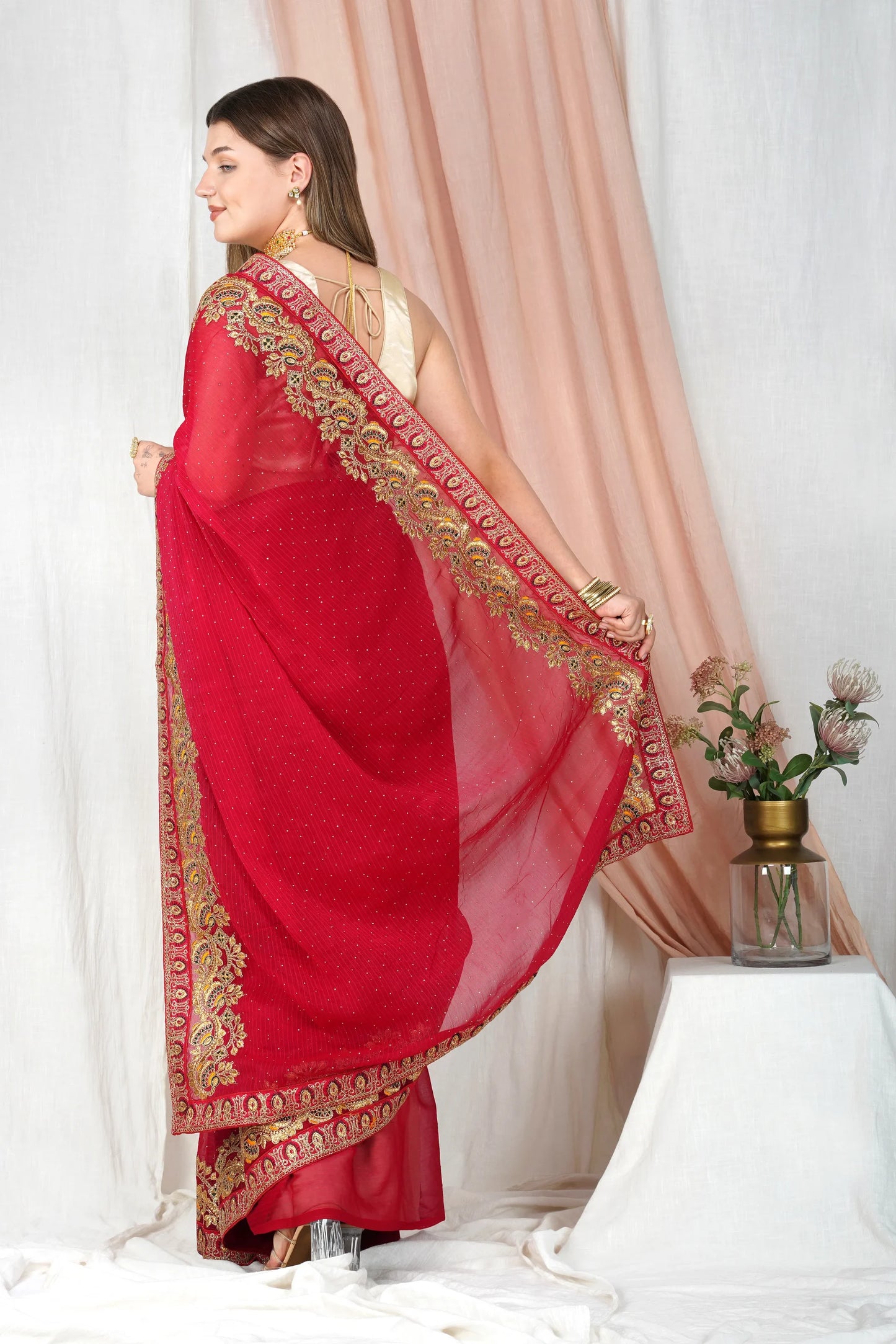 "Lightweight Fold Chiffon Saree for Festive Occasions"-SAREE D17(Red)