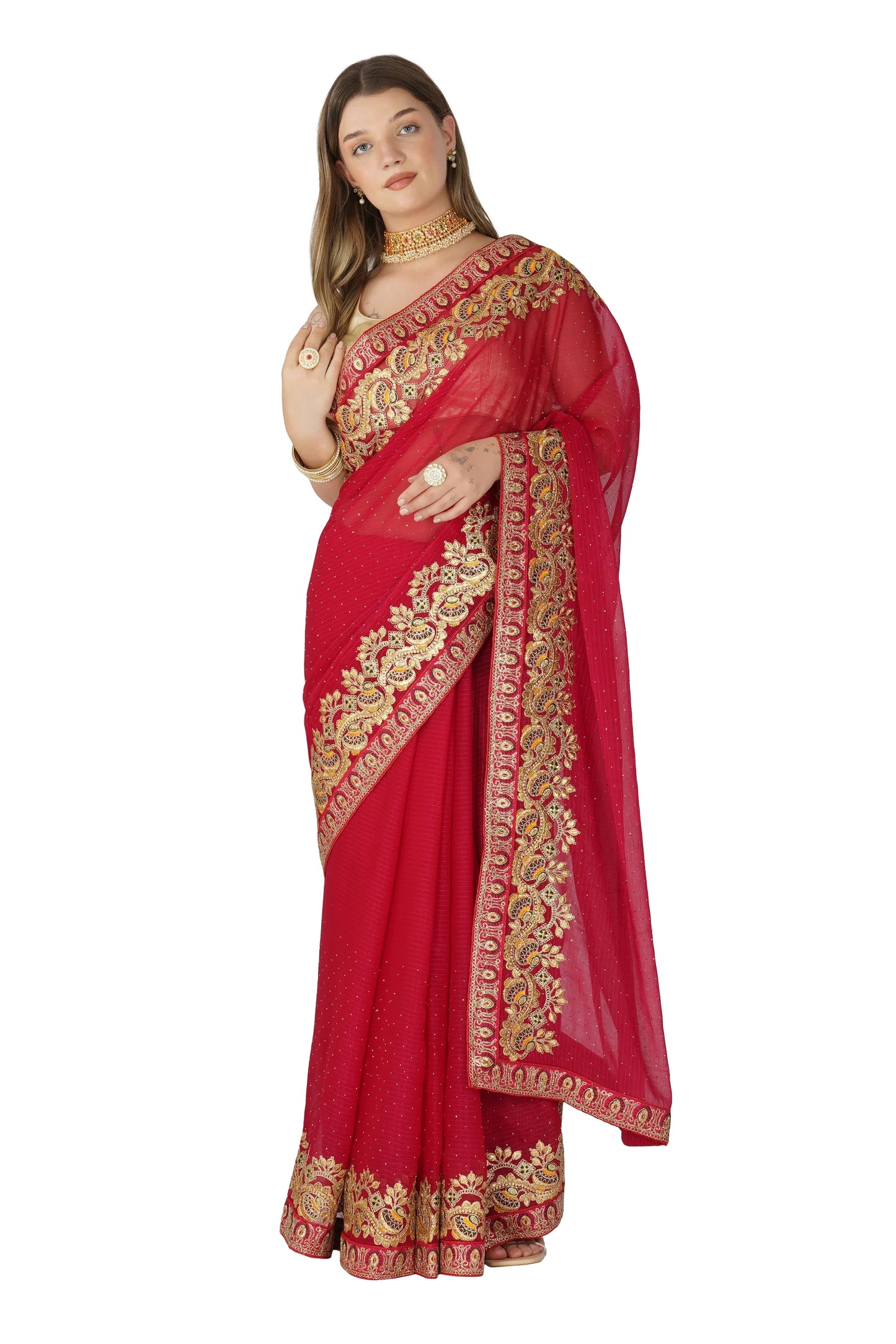 "Lightweight Fold Chiffon Saree for Festive Occasions"-SAREE D17(Red)