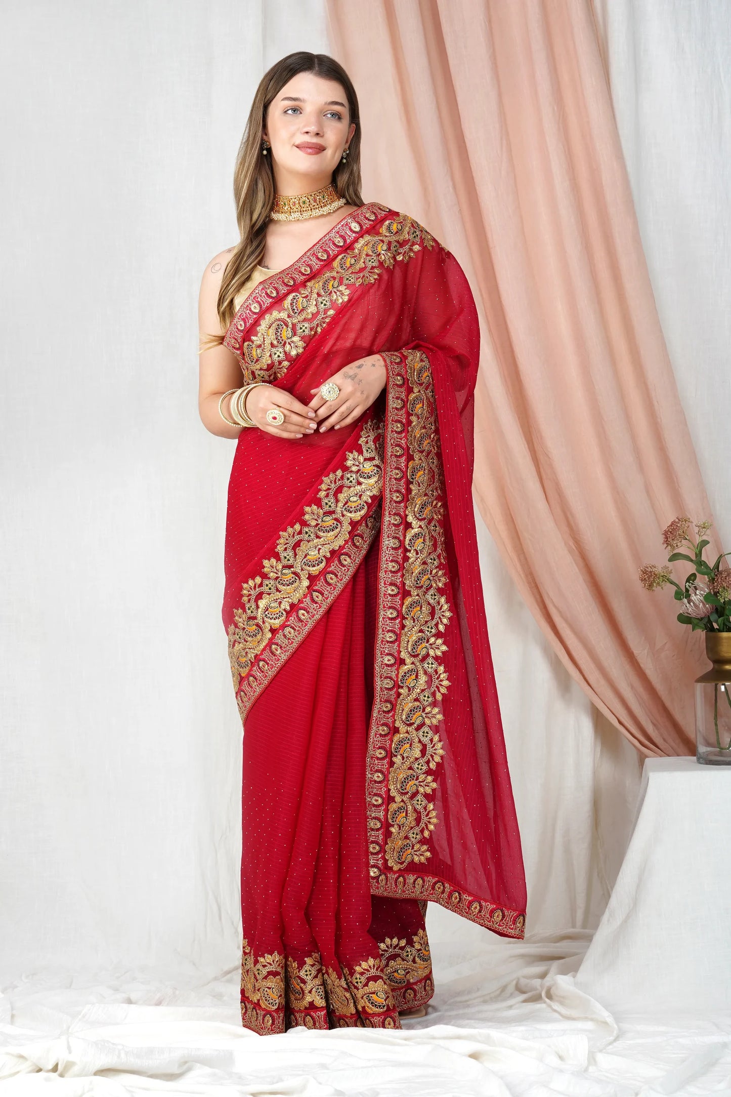 "Lightweight Fold Chiffon Saree for Festive Occasions"-SAREE D17(Red)