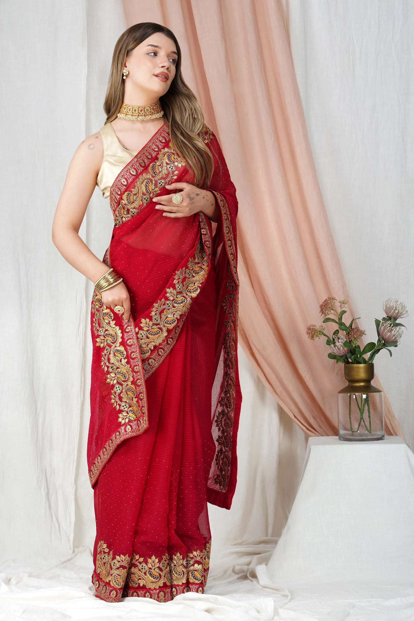 "Lightweight Fold Chiffon Saree for Festive Occasions"-SAREE D17(Red)