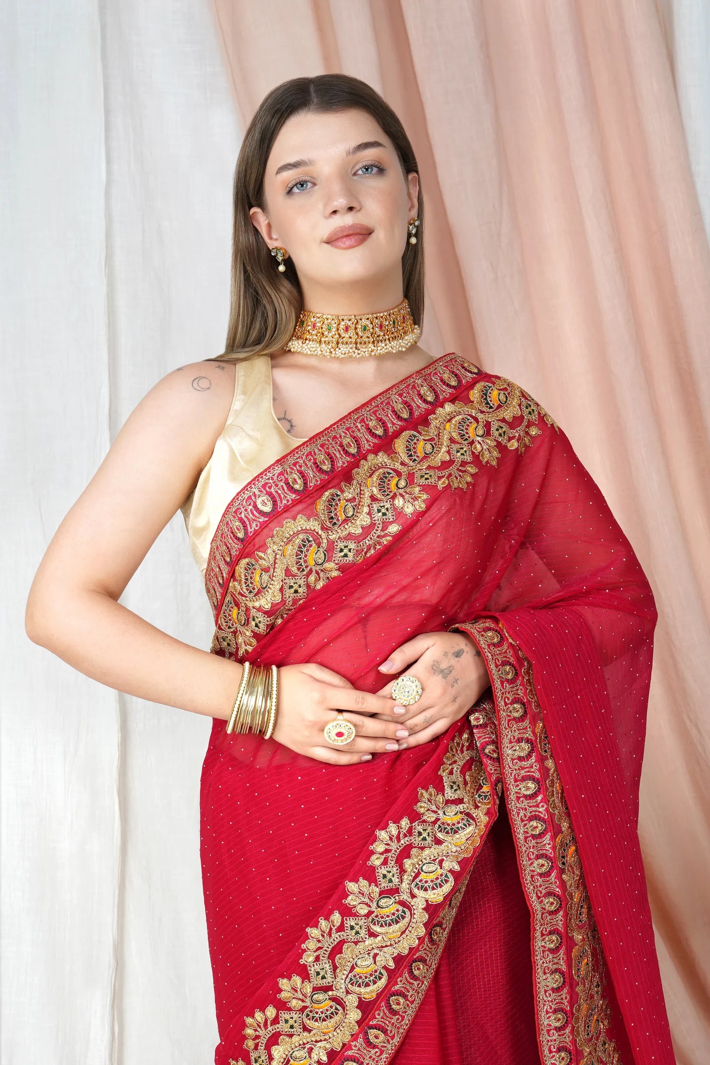 "Lightweight Fold Chiffon Saree for Festive Occasions"-SAREE D17(Red)