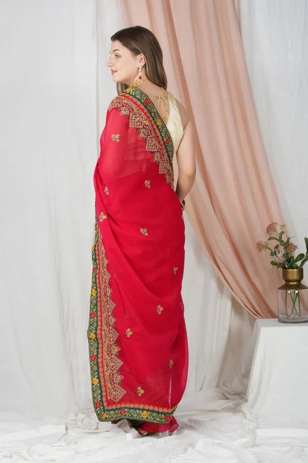 "Lightweight Fold Chiffon Saree for Festive Occasions" -SAREE D18(Red)