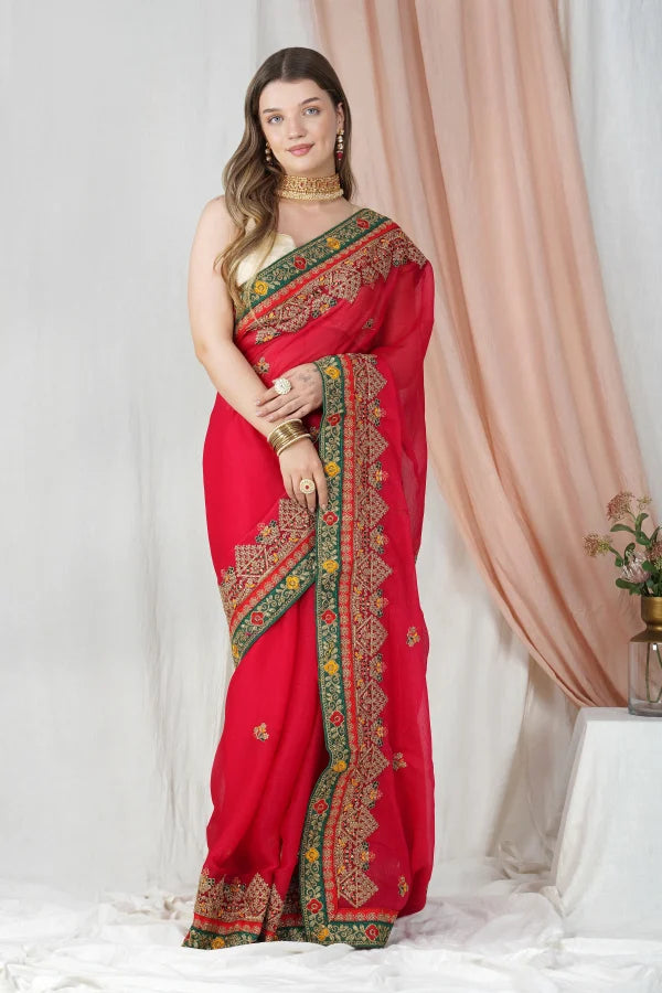 "Lightweight Fold Chiffon Saree for Festive Occasions" -SAREE D18(Red)