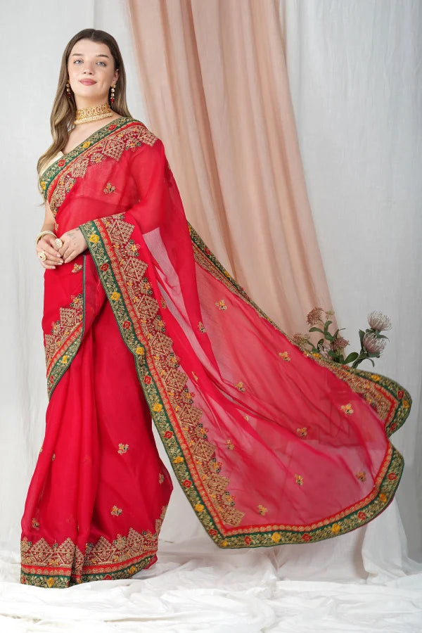 "Lightweight Fold Chiffon Saree for Festive Occasions" -SAREE D18(Red)