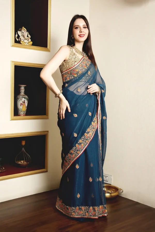Enchanted Sparkle Shimmer Chiffon Sarees (A)SAREE D10-BLUE