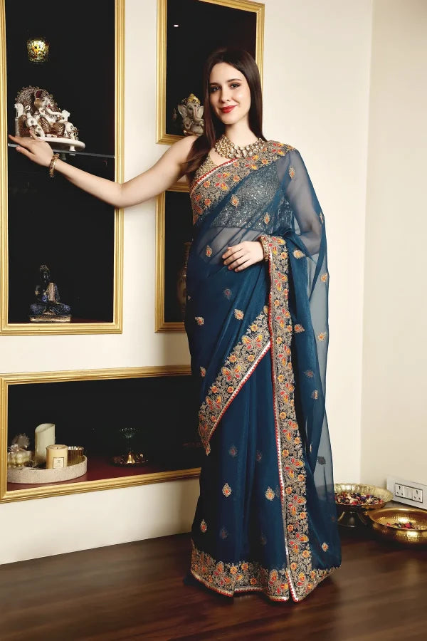 Enchanted Sparkle Shimmer Chiffon Sarees (A)SAREE D10-BLUE