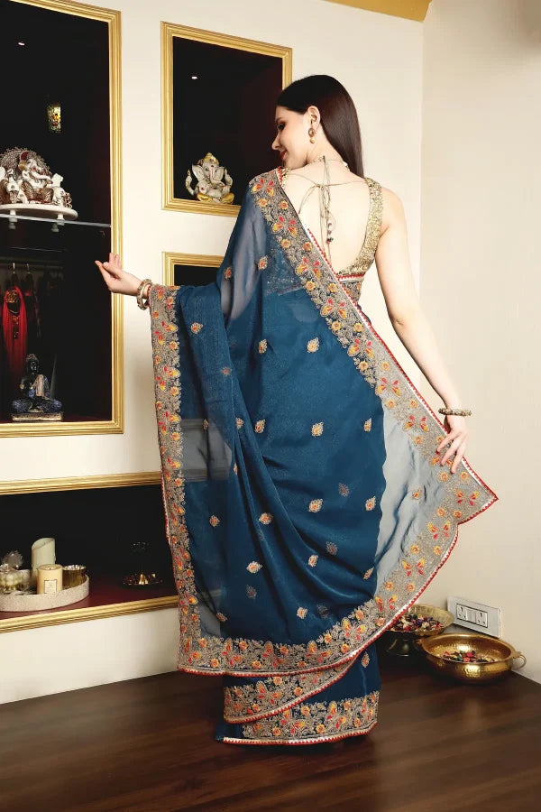 Enchanted Sparkle Shimmer Chiffon Sarees (A)SAREE D10-BLUE