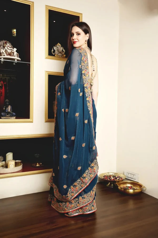 Enchanted Sparkle Shimmer Chiffon Sarees (A)SAREE D10-BLUE