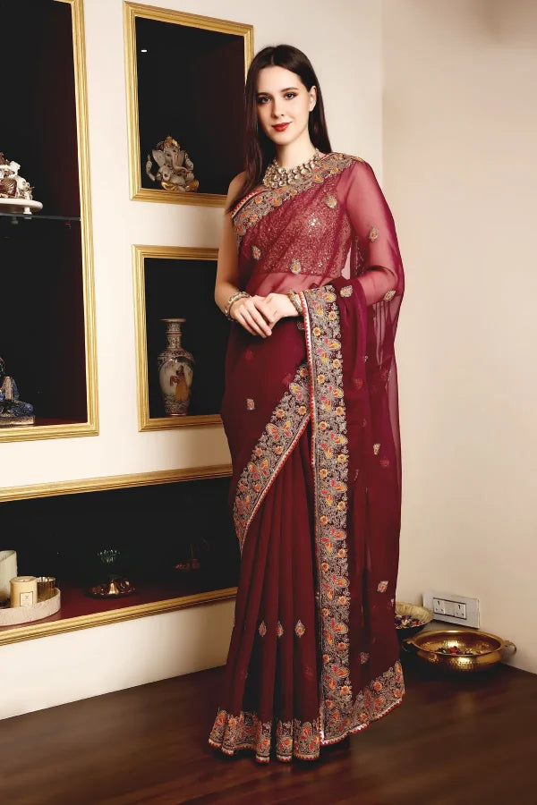 Enchanted Sparkle Shimmer Chiffon Sarees (A)SAREE D10-Purple