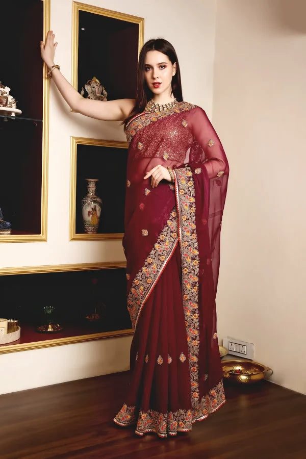 Enchanted Sparkle Shimmer Chiffon Sarees (A)SAREE D10-Purple