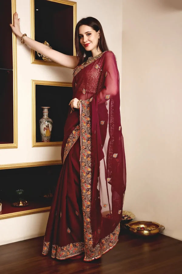 Enchanted Sparkle Shimmer Chiffon Sarees (A)SAREE D10-Purple