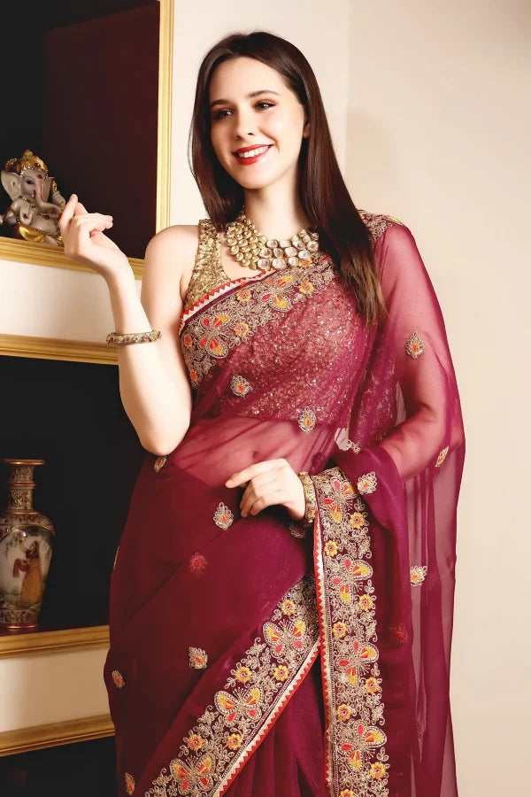 Enchanted Sparkle Shimmer Chiffon Sarees (A)SAREE D10-Purple
