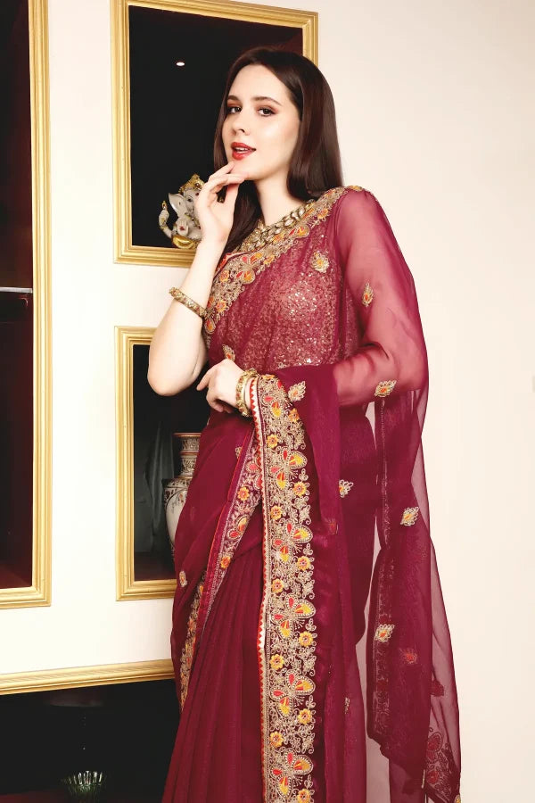 Enchanted Sparkle Shimmer Chiffon Sarees (A)SAREE D10-Purple