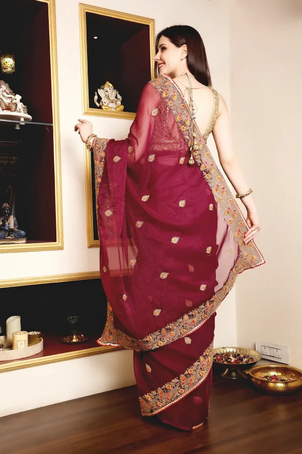 Enchanted Sparkle Shimmer Chiffon Sarees (A)SAREE D10-Purple