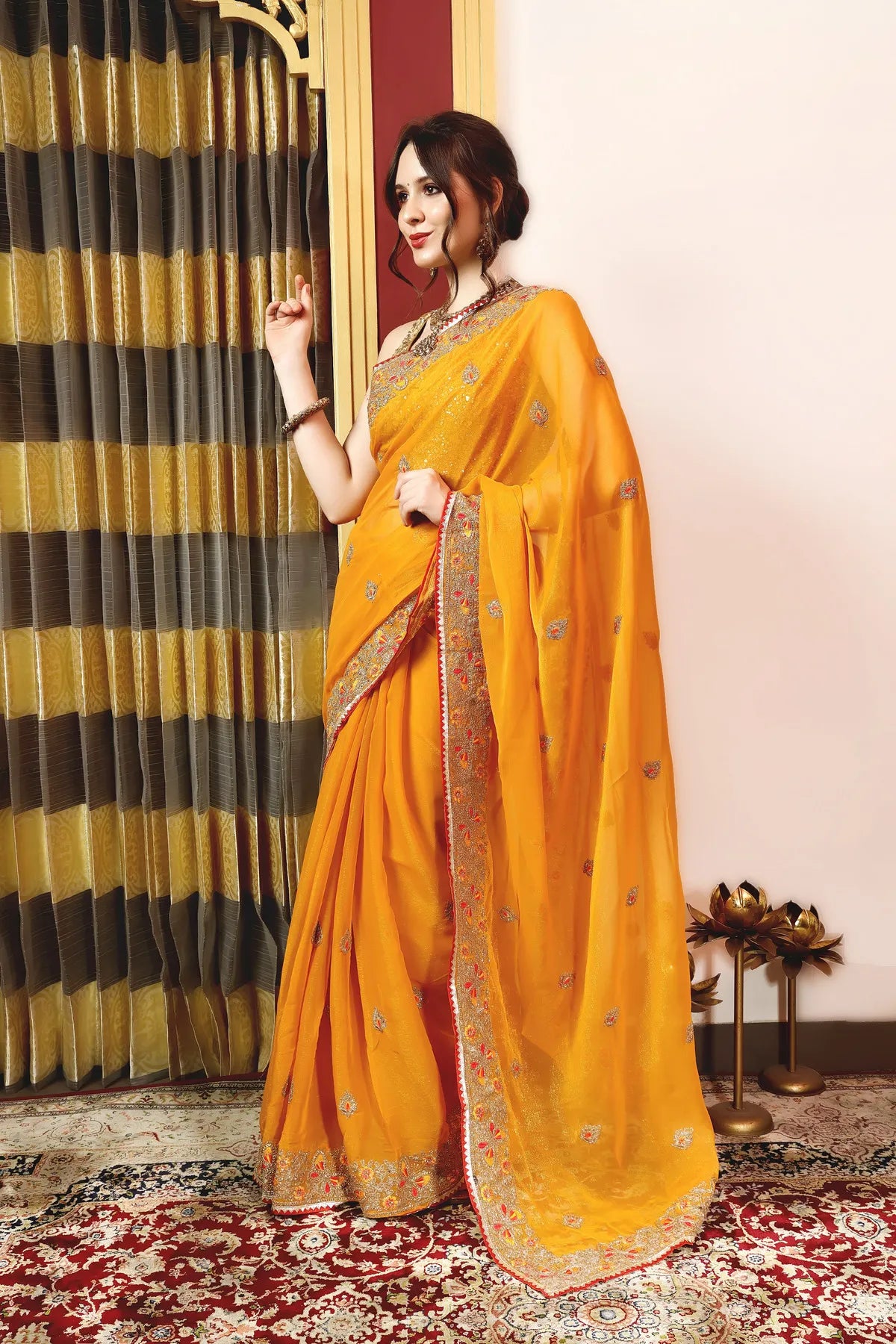 Enchanted Sparkle Shimmer Chiffon Sarees (A)SAREE D10-Yellow