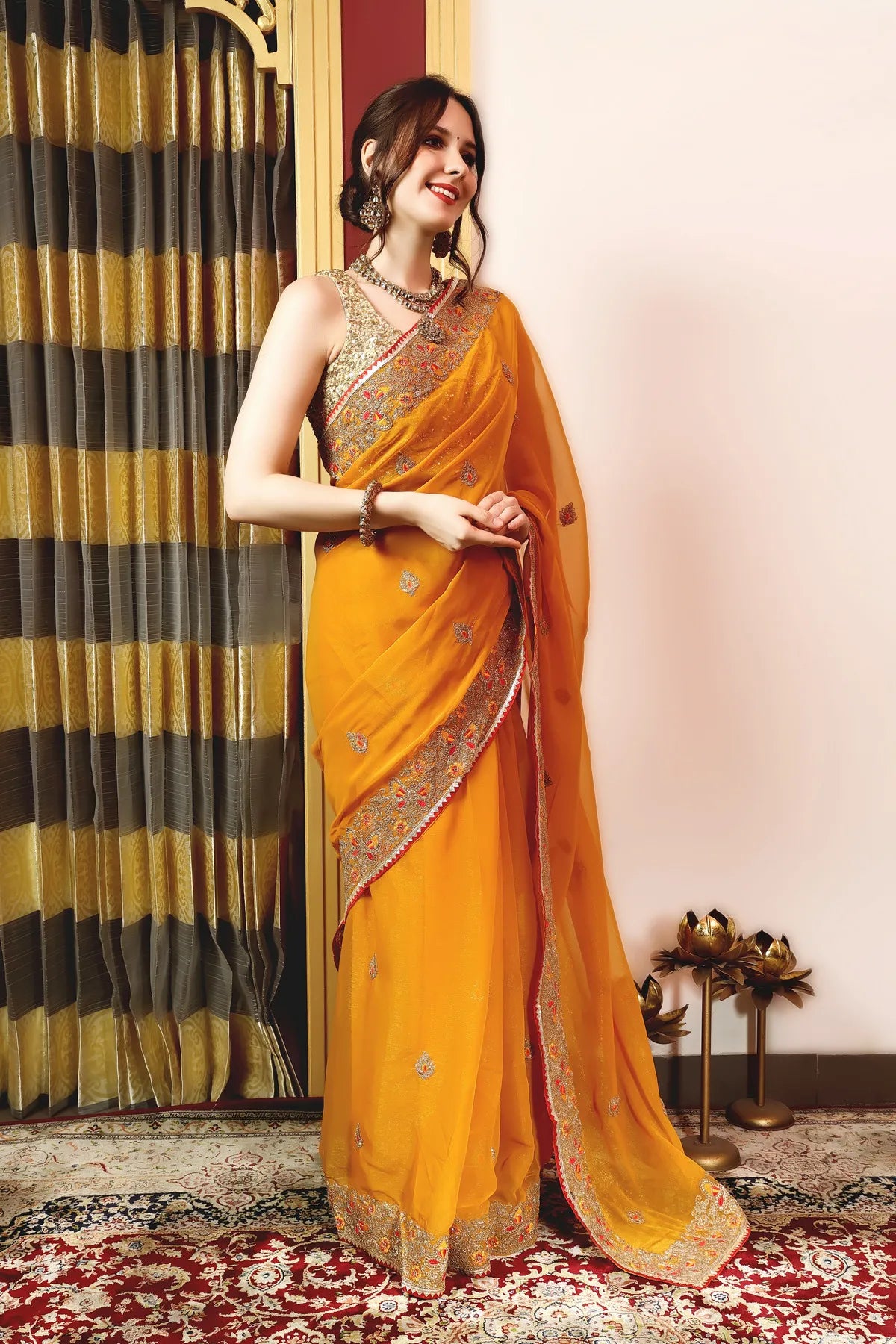 Enchanted Sparkle Shimmer Chiffon Sarees (A)SAREE D10-Yellow