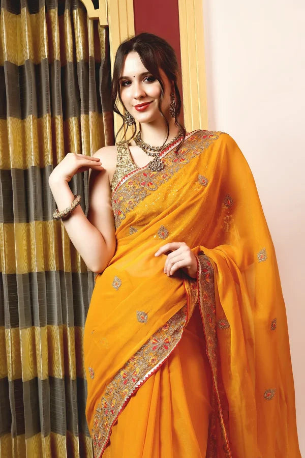 Enchanted Sparkle Shimmer Chiffon Sarees (A)SAREE D10-Yellow