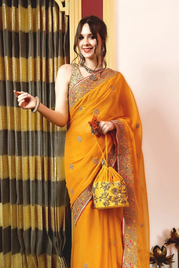 Enchanted Sparkle Shimmer Chiffon Sarees (A)SAREE D10-Yellow
