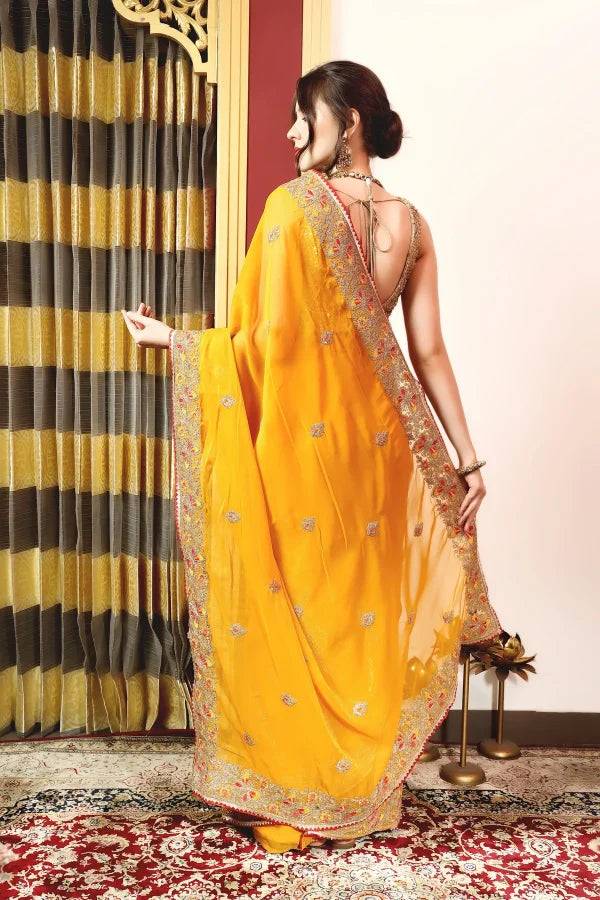 Enchanted Sparkle Shimmer Chiffon Sarees (A)SAREE D10-Yellow
