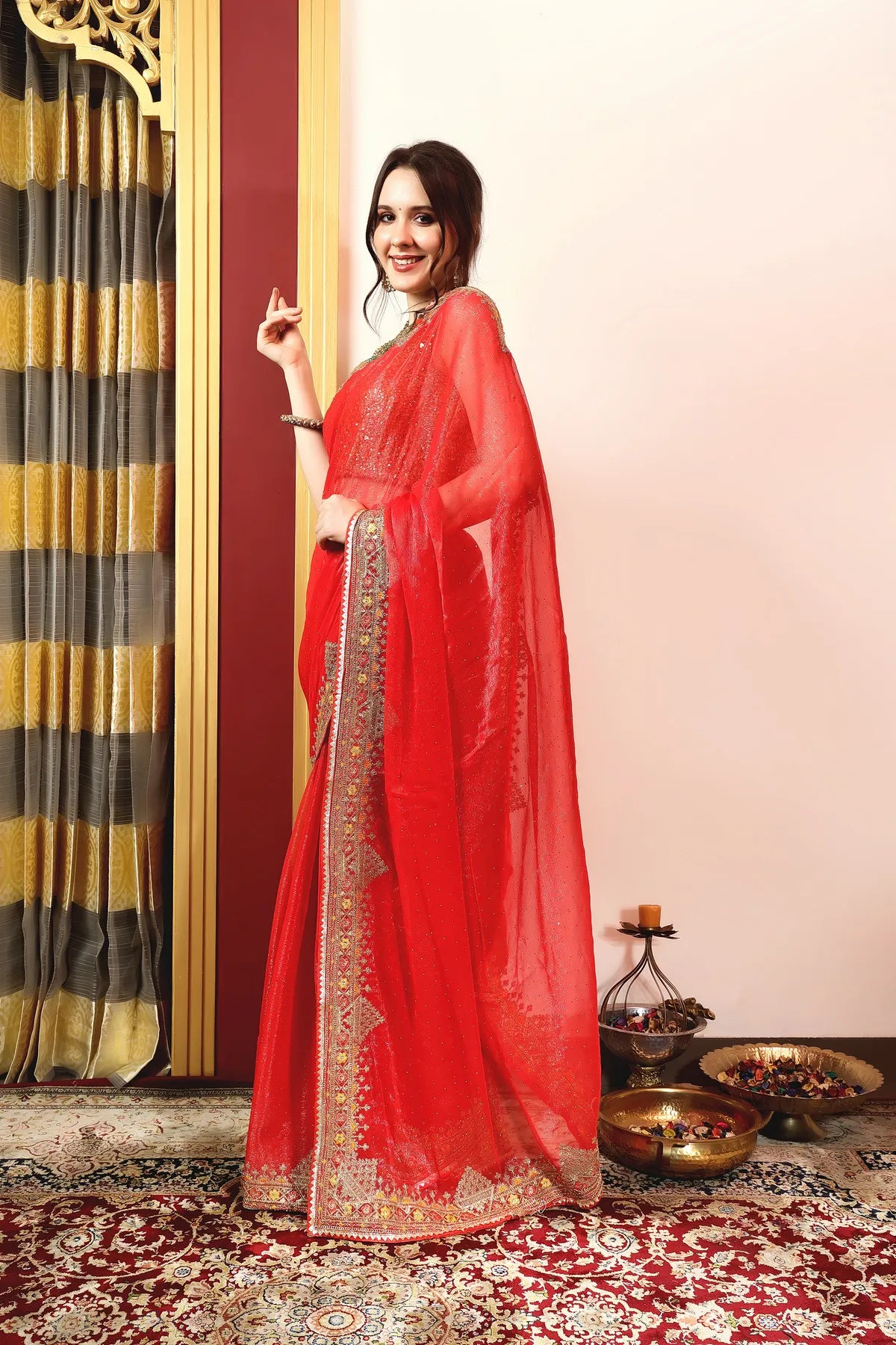 Enchanted Sparkle Shimmer Chiffon Sarees A-SAREE D11-Red