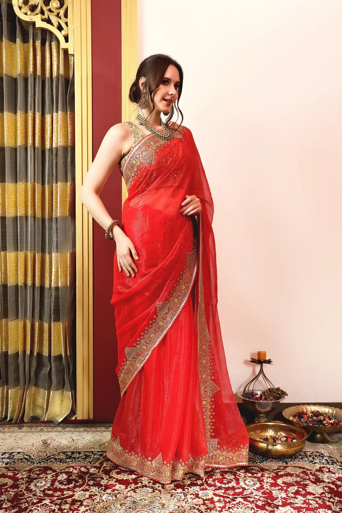 Enchanted Sparkle Shimmer Chiffon Sarees A-SAREE D11-Red