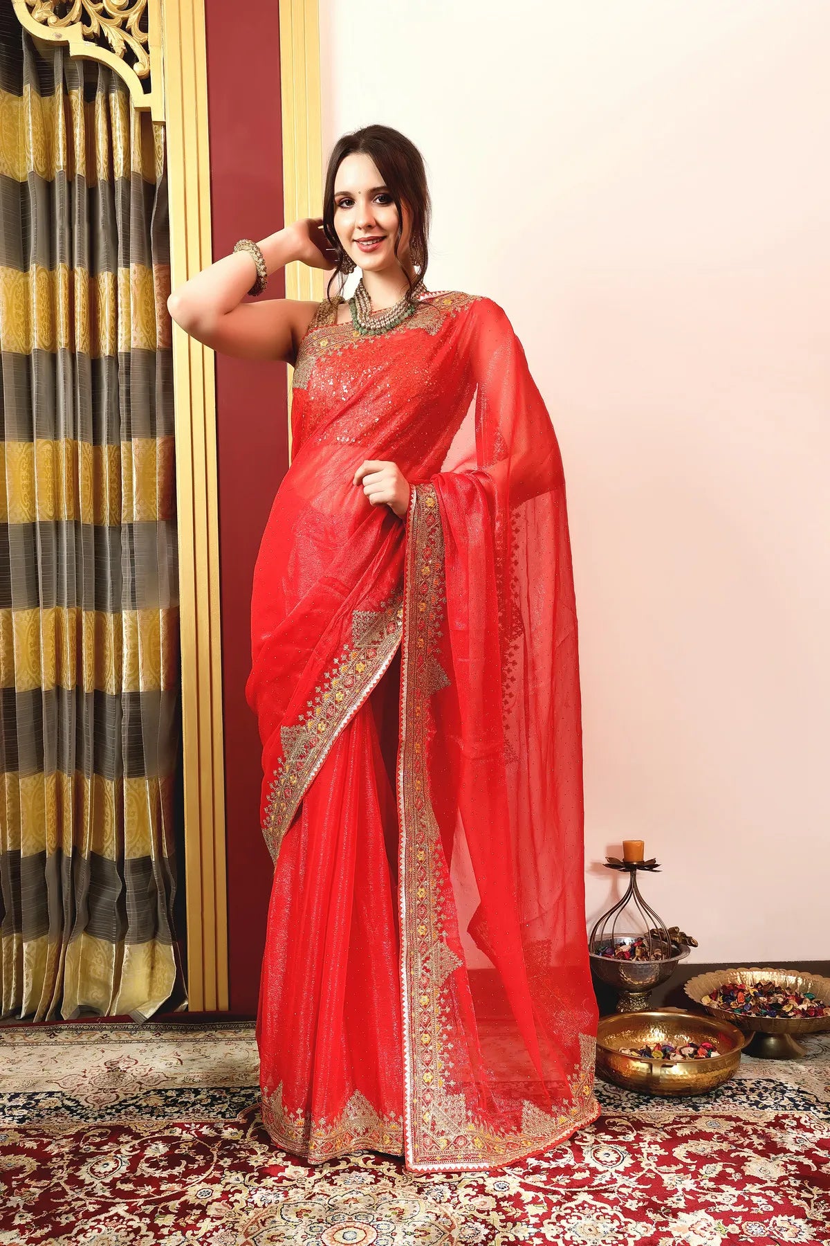 Enchanted Sparkle Shimmer Chiffon Sarees A-SAREE D11-Red