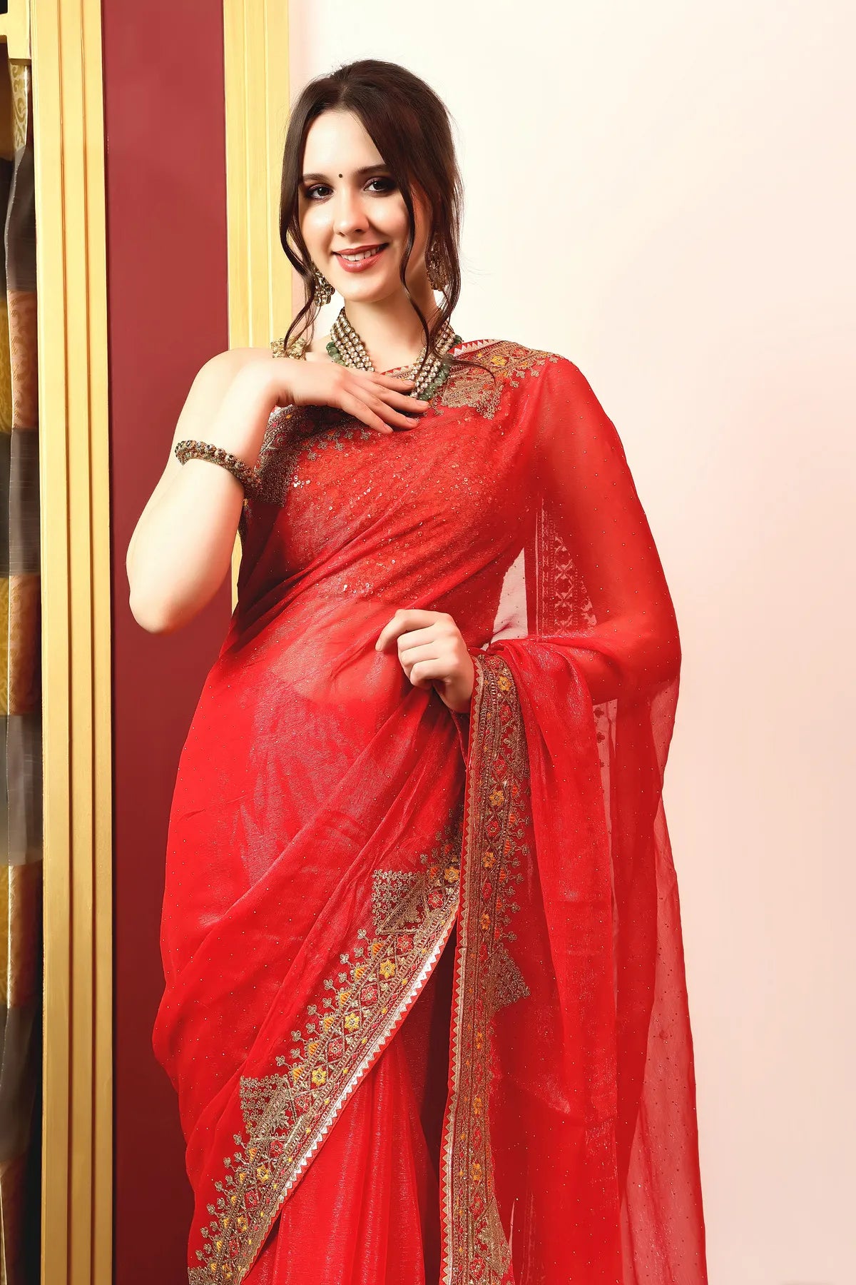 Enchanted Sparkle Shimmer Chiffon Sarees A-SAREE D11-Red