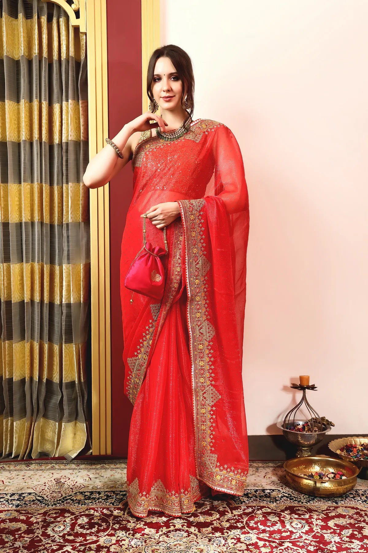 Enchanted Sparkle Shimmer Chiffon Sarees A-SAREE D11-Red